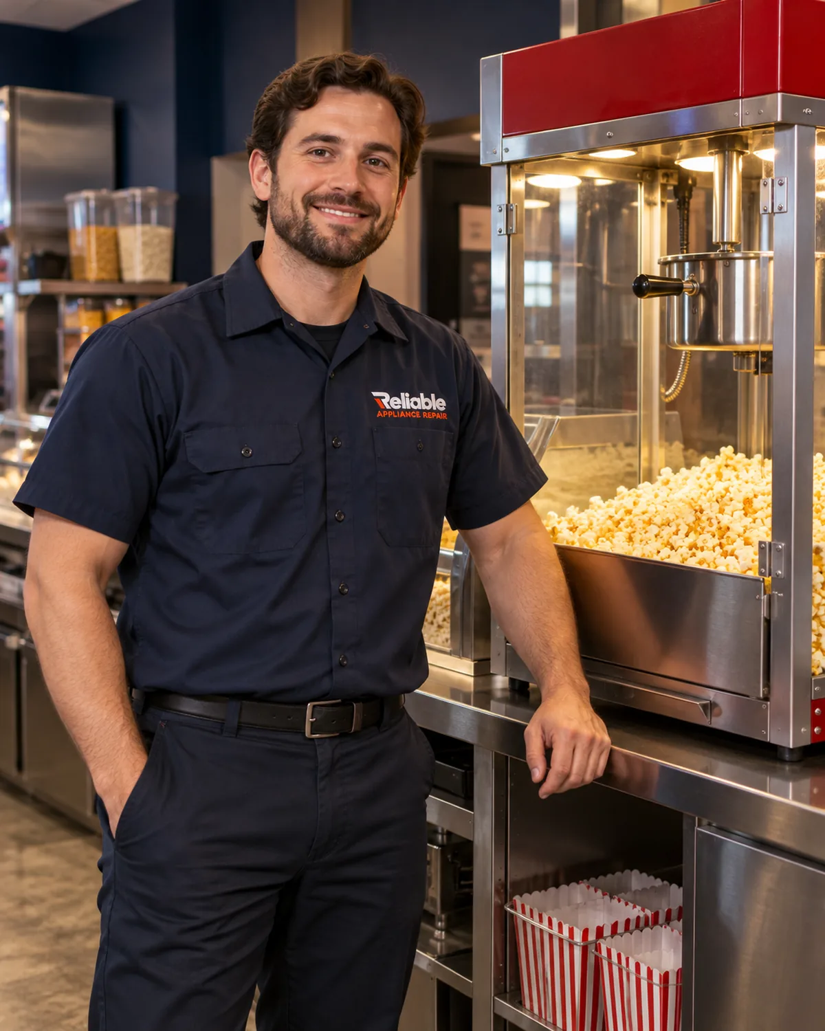 Reliable technician beside a commercial popcorn machine in a Tampa food-service kitchen
