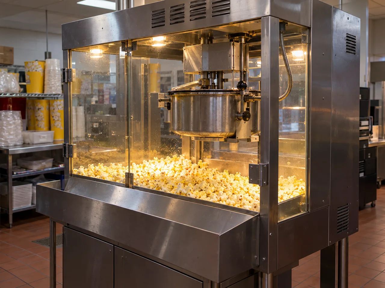 Commercial cinema popcorn machine after kettle motor service in St. Petersburg