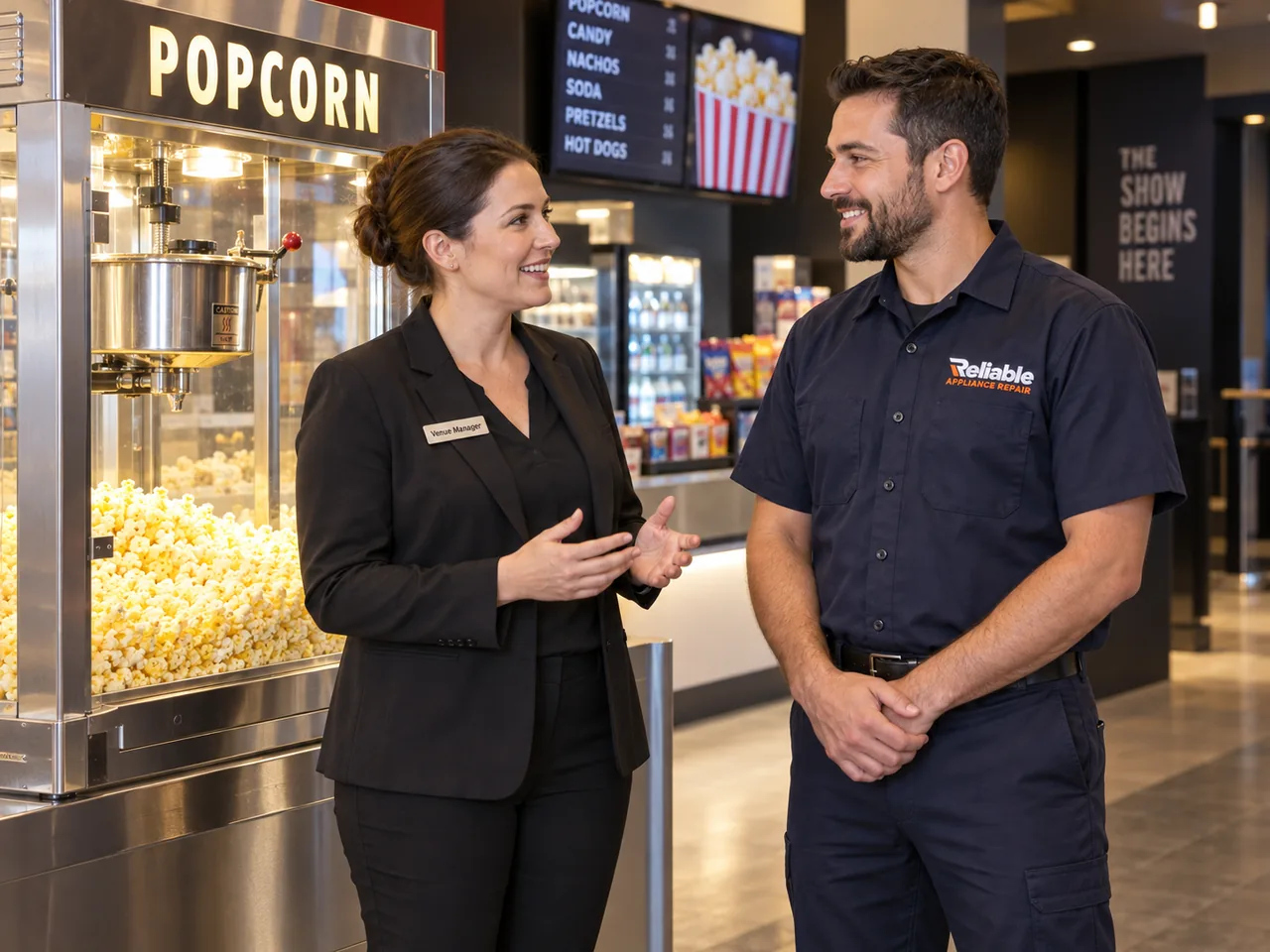 Reliable technician explaining completed commercial popcorn machine repair