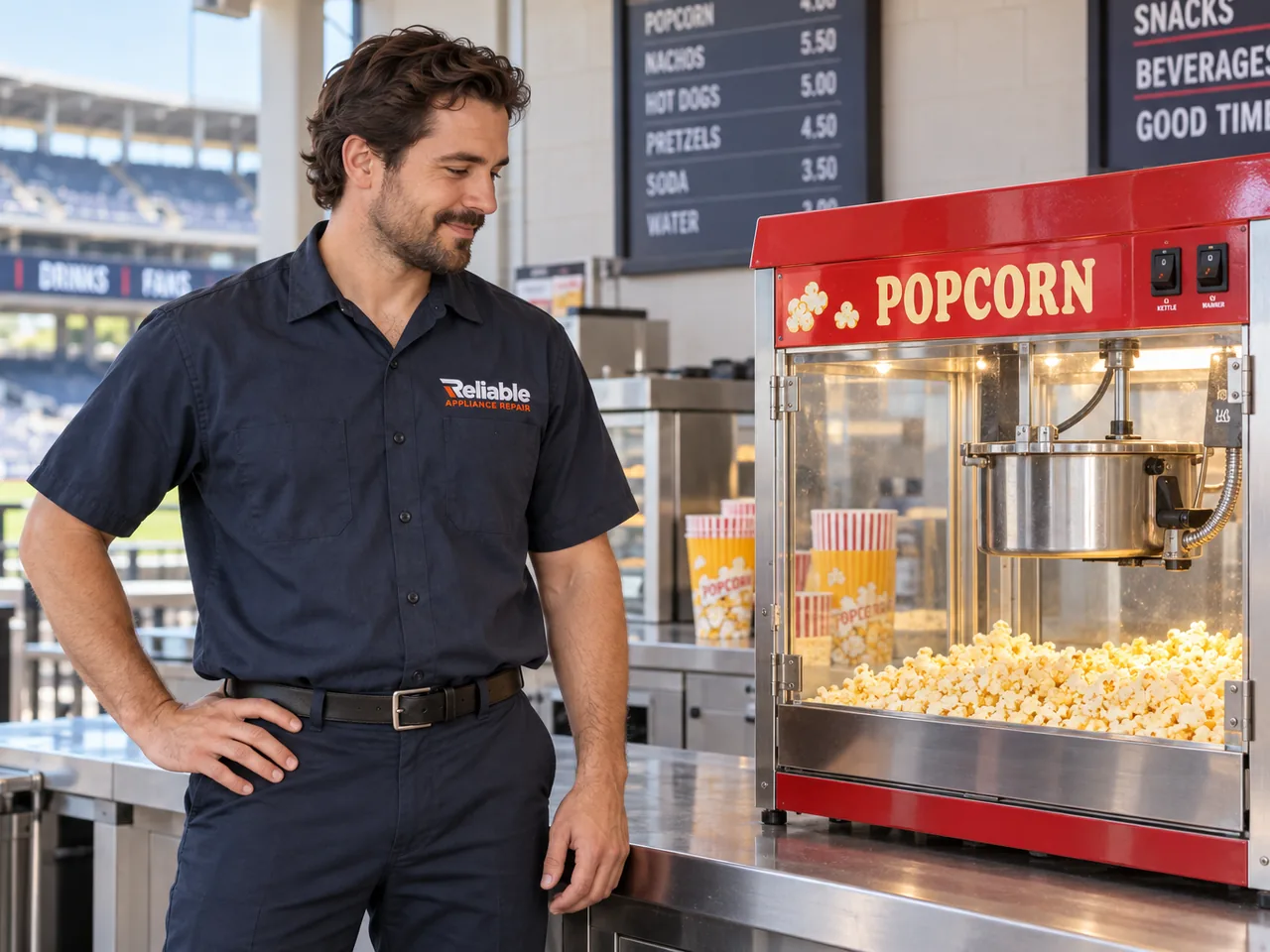 Reliable technician beside a commercial popcorn machine in an Atlanta food-service kitchen
