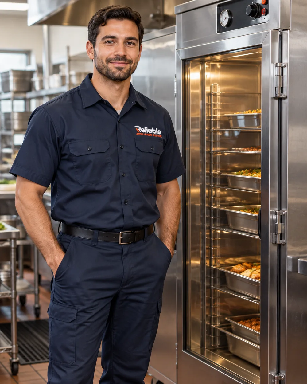 Reliable technician beside a commercial heated holding cabinet in Tampa