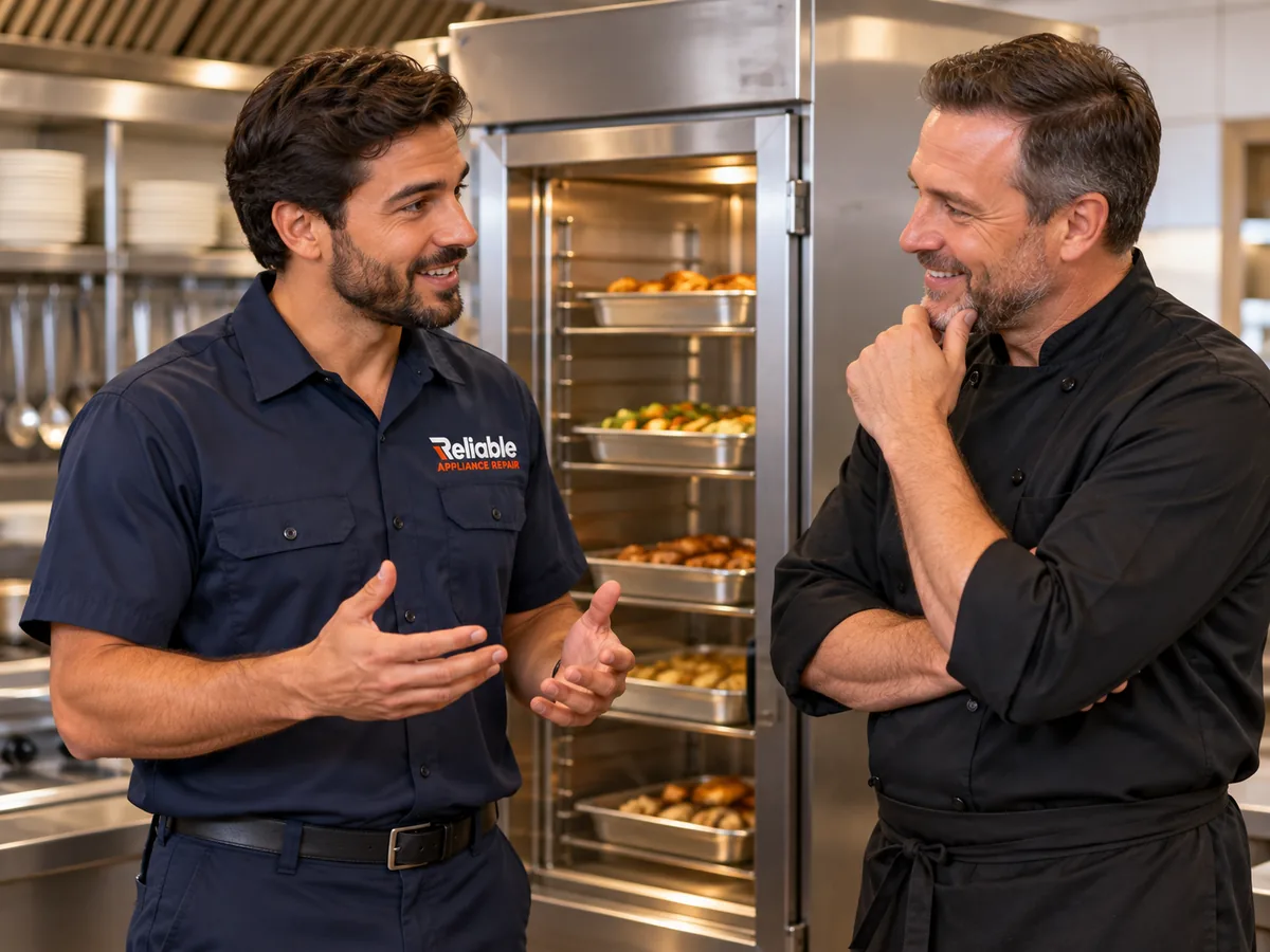 Reliable technician speaking with a kitchen manager beside a commercial holding cabinet
