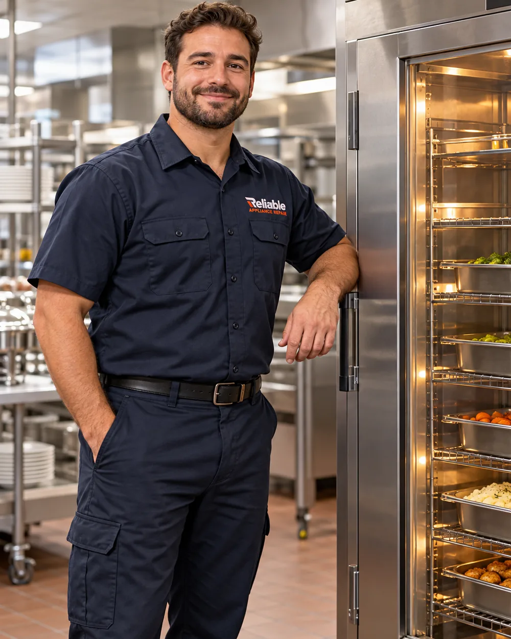 Reliable technician beside a commercial heated holding cabinet in Atlanta