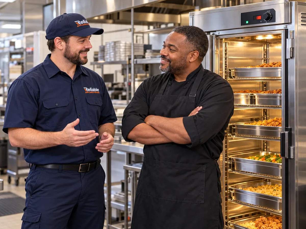 Reliable technician speaking with a kitchen manager beside a commercial holding cabinet