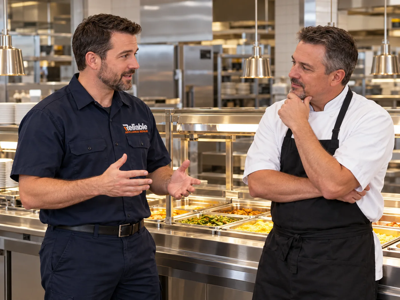 Reliable technician speaking with a food-service manager beside commercial hot food wells