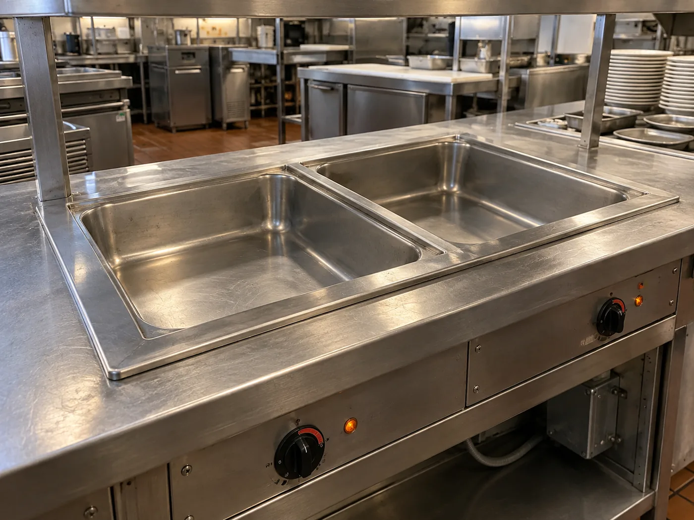 Two-well hot food line after heating service