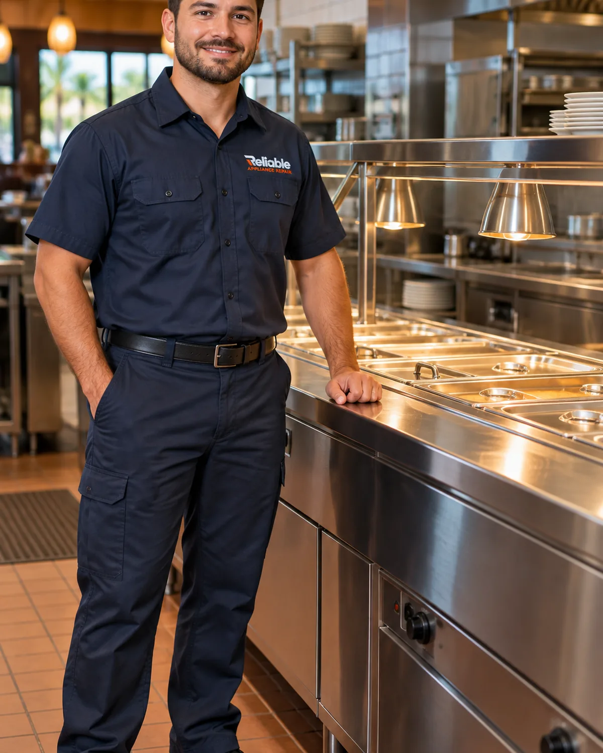 Reliable technician beside commercial hot food wells in Tampa