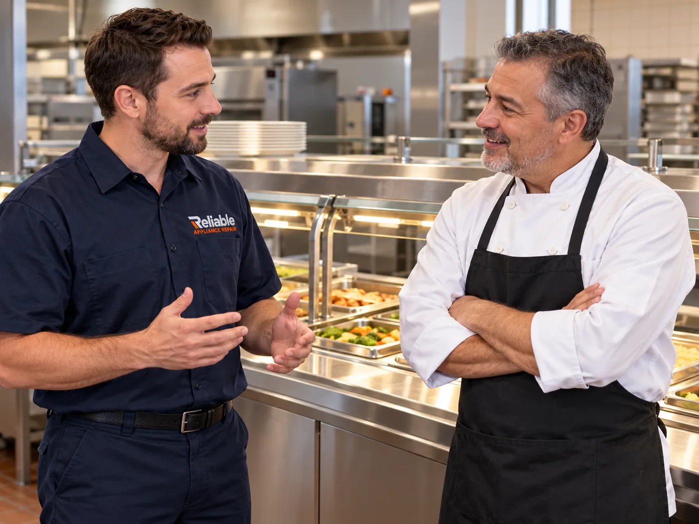 Reliable technician speaking with a food-service manager beside commercial hot food wells
