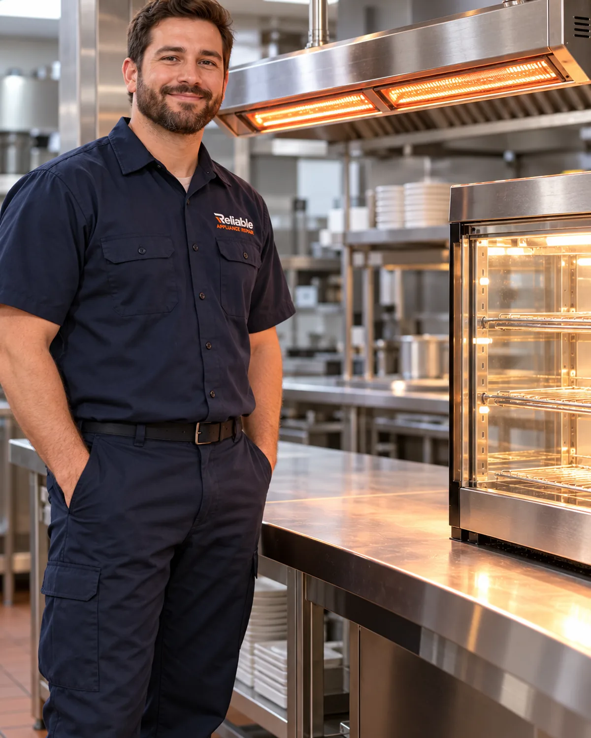 Reliable technician beside a commercial strip heater and heated merchandiser in Atlanta