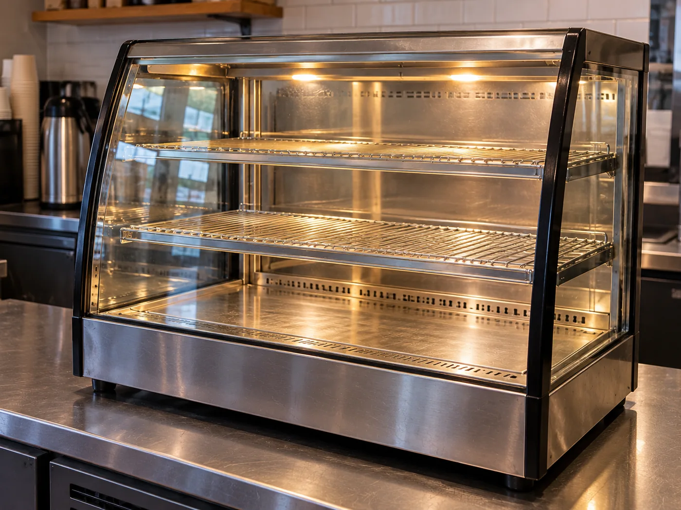Heated display case after temperature service