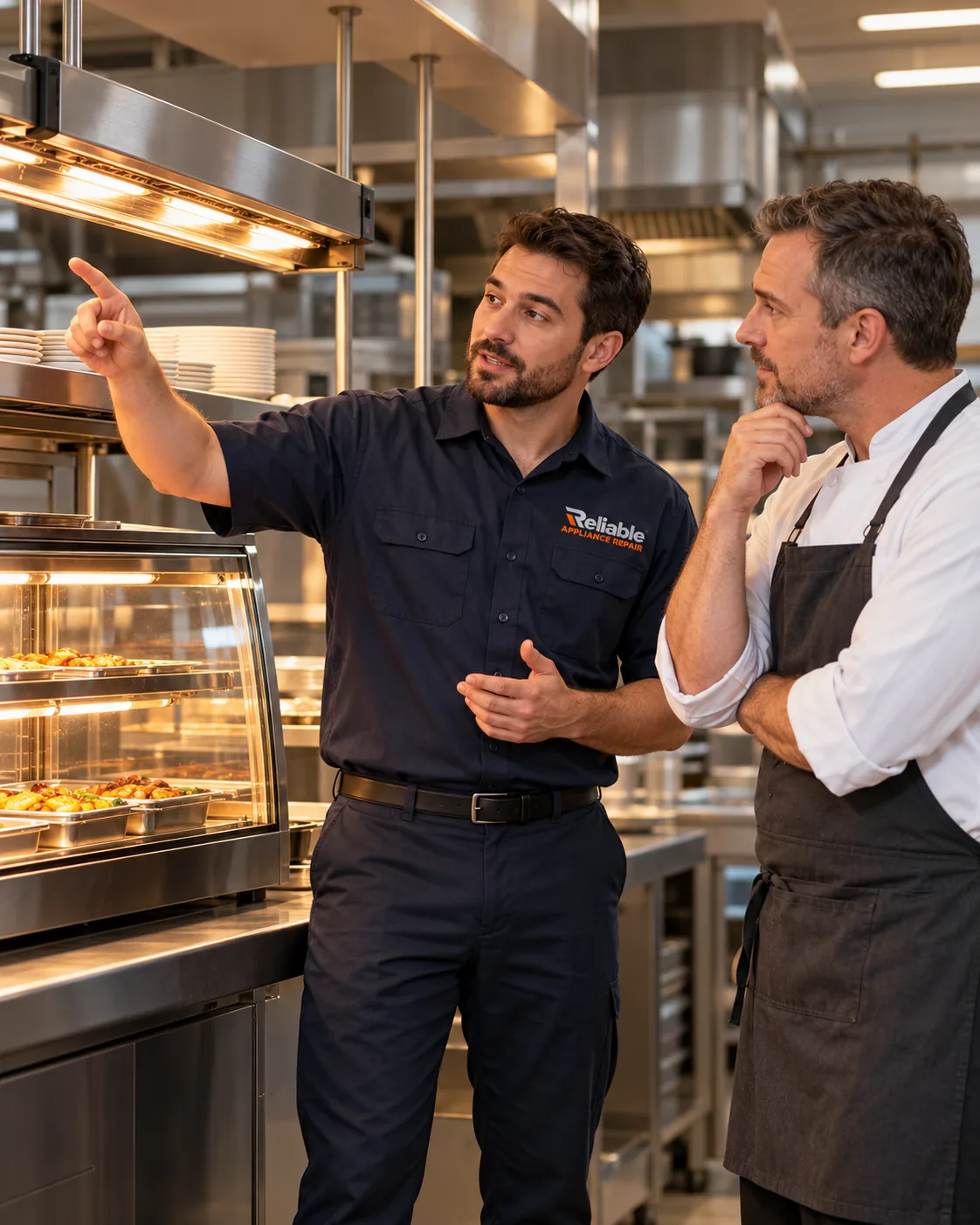 Reliable technician speaking with a food-service manager beside commercial heat lamp and heated merchandisers