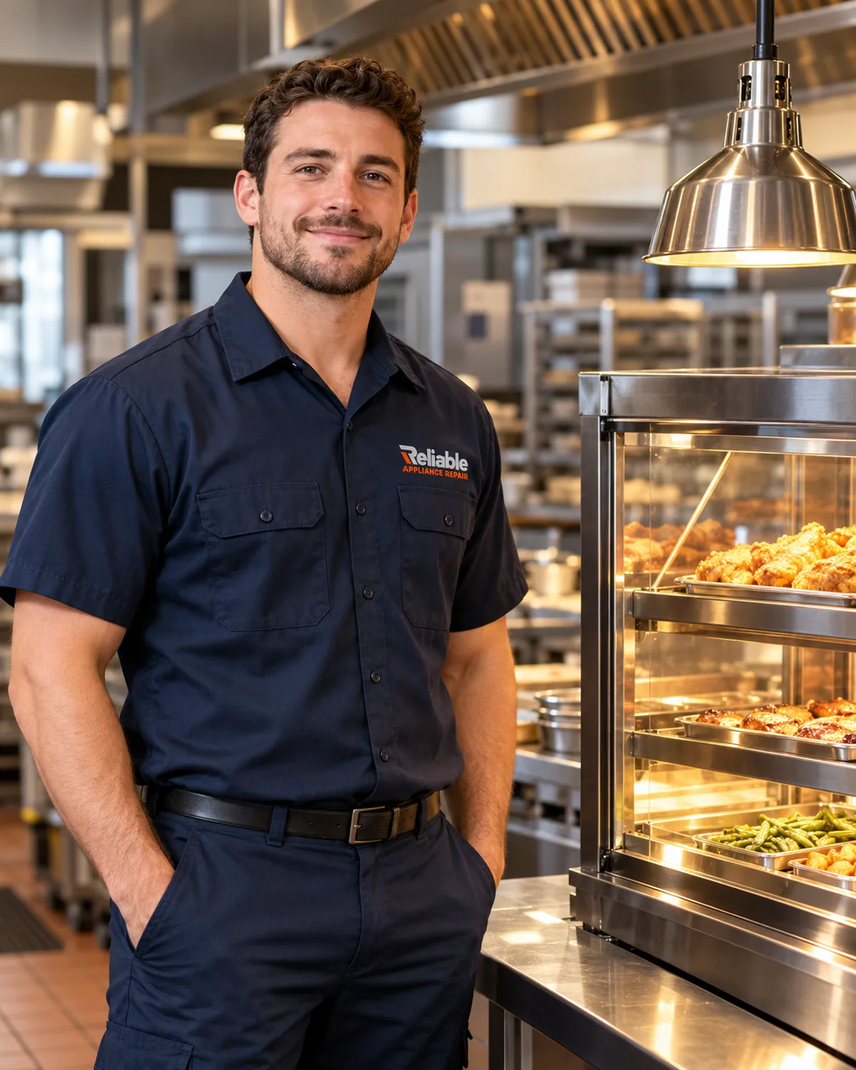 Reliable technician beside a commercial strip heater and heated merchandiser in Tampa