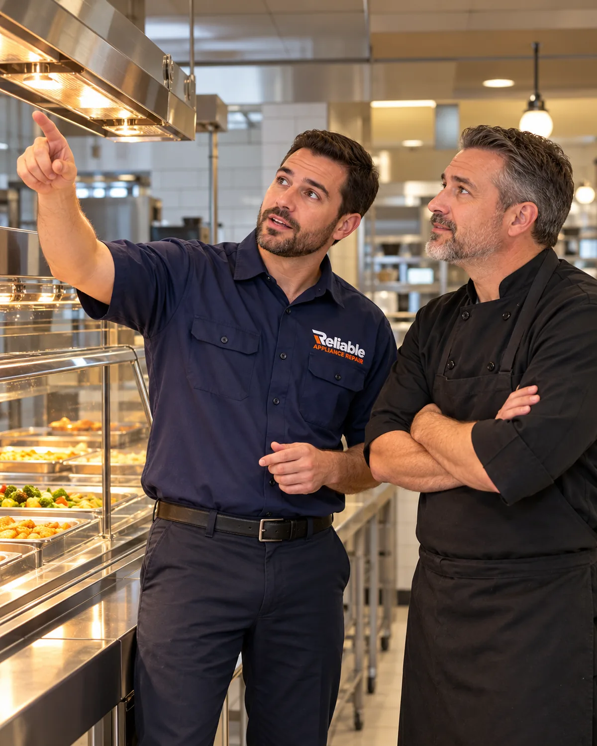 Reliable technician speaking with a food-service manager beside commercial heat lamp and heated merchandisers