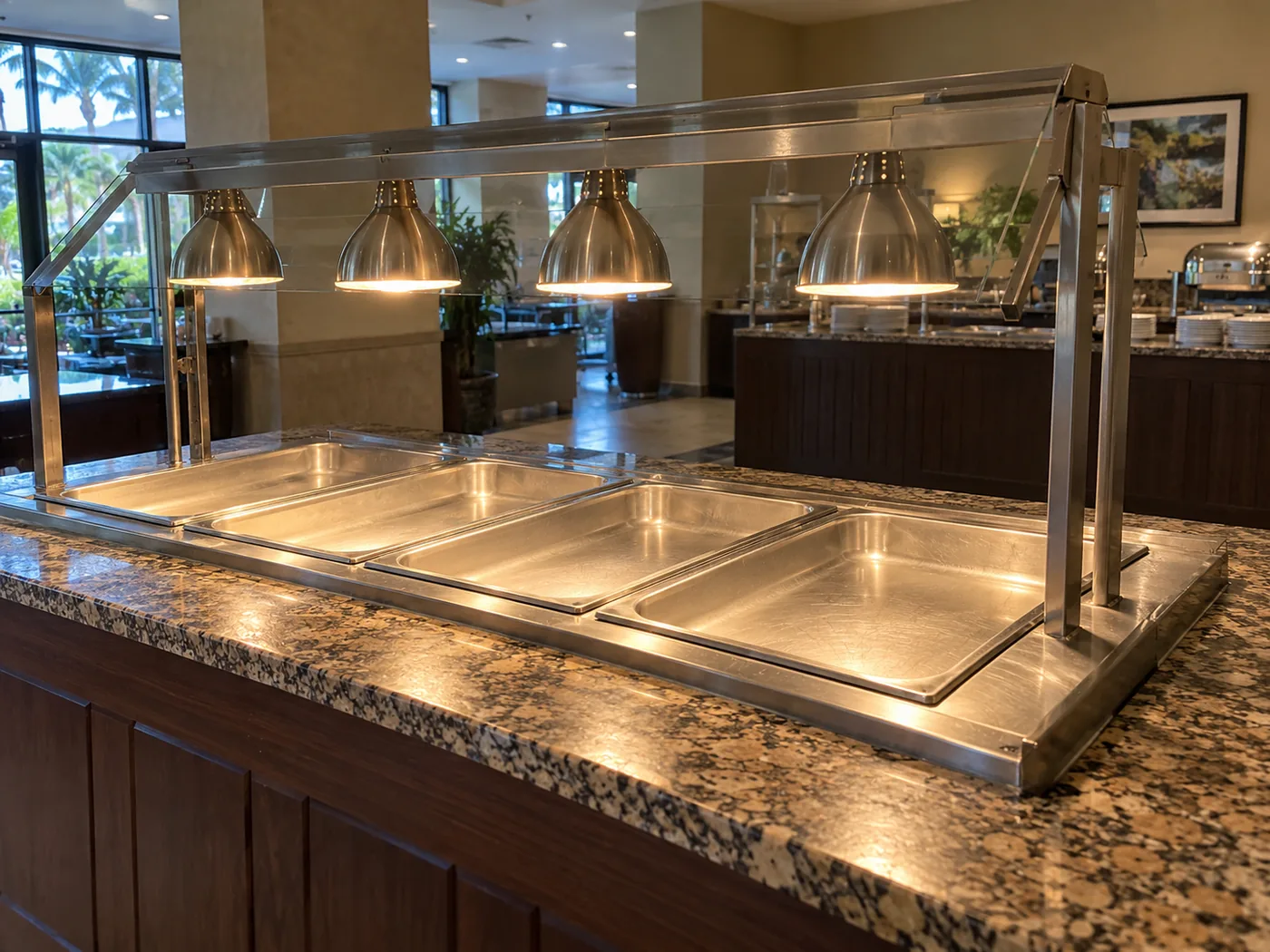 Buffet heat lamps in a food-service setting after repair