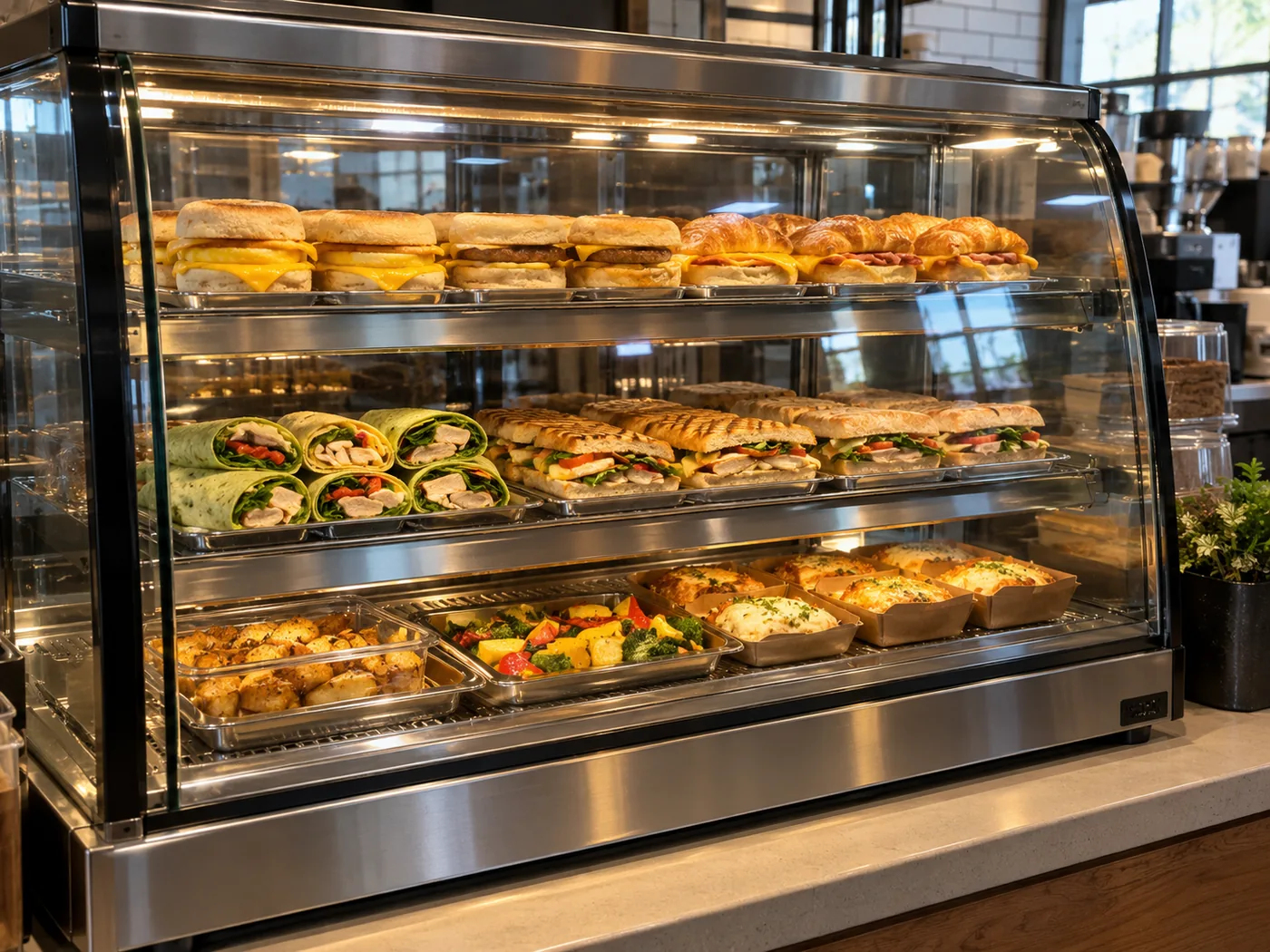 Glass-front heated merchandiser after shelf repair