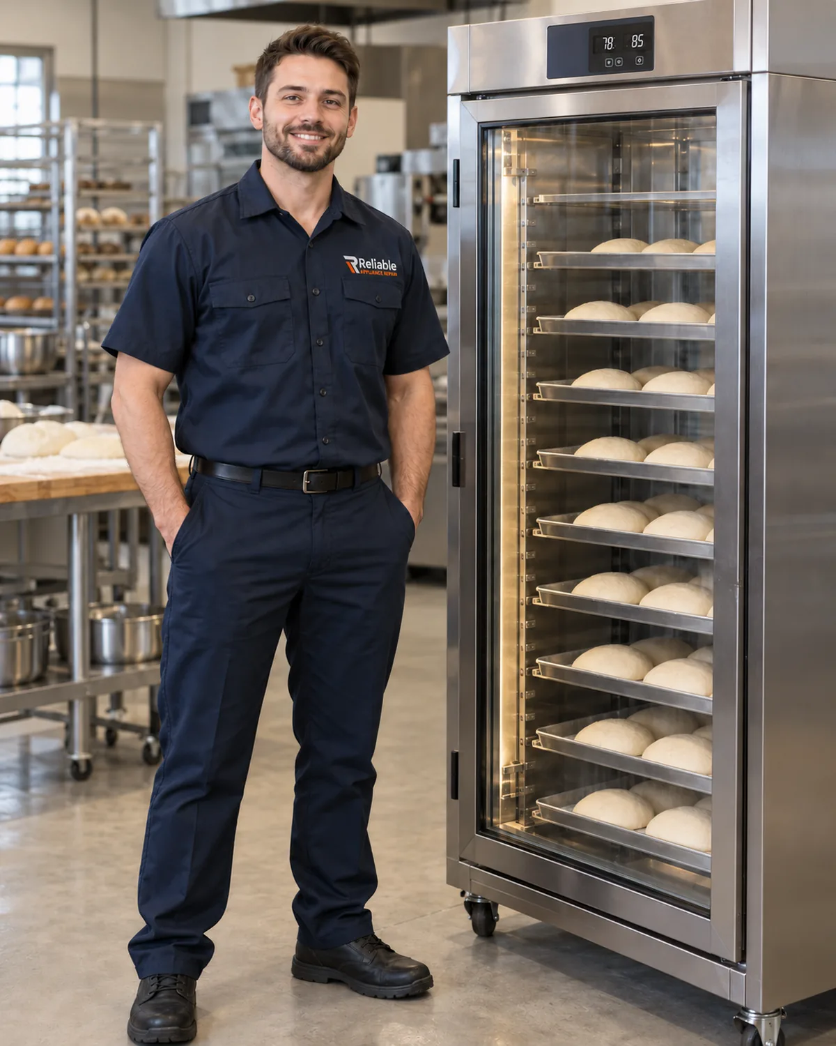 Reliable technician beside a commercial proofing cabinet in Atlanta