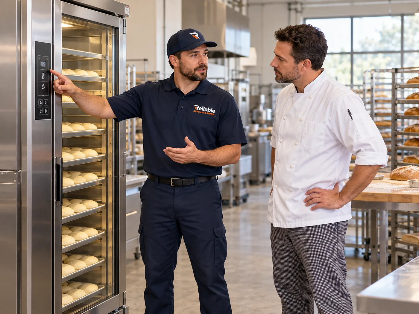 Reliable technician speaking with a food-service manager beside commercial proofing cabinets