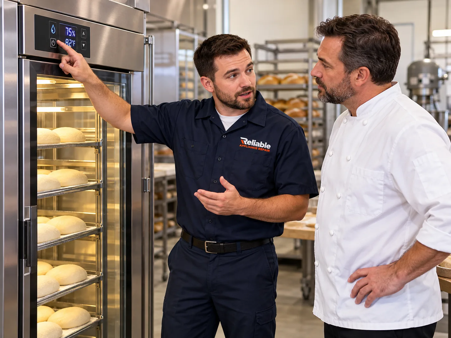 Reliable technician speaking with a food-service manager beside commercial proofing cabinets