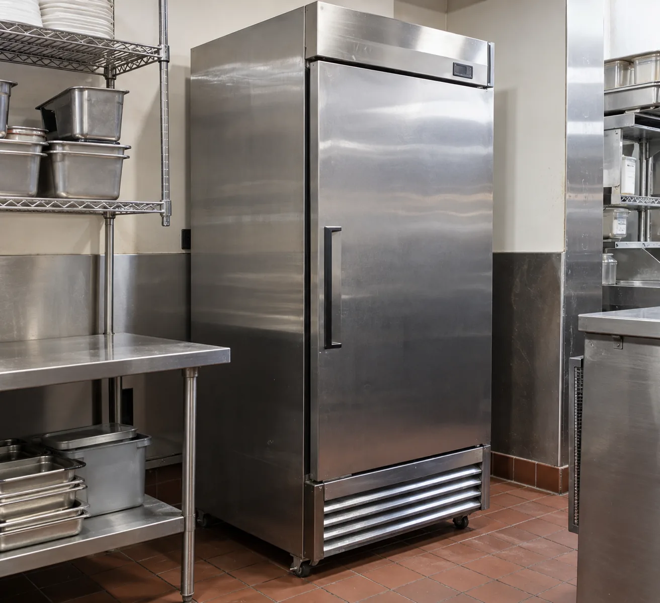 One-door commercial reach-in freezer after defrost repair