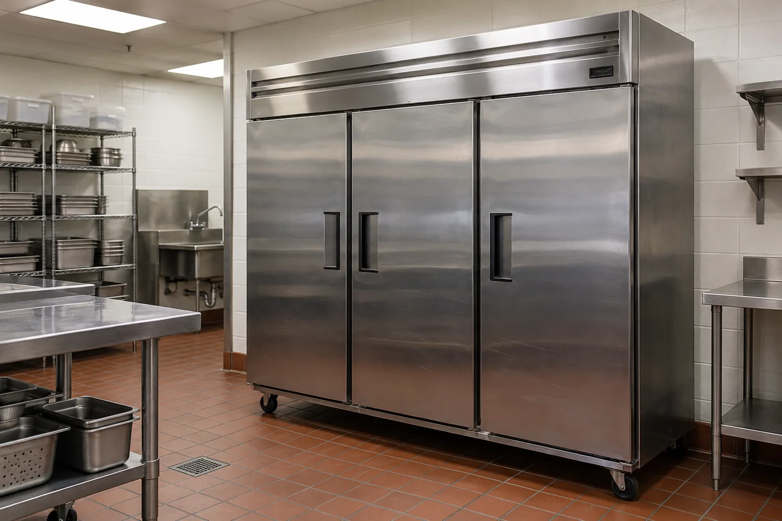 Three-door commercial reach-in refrigerator after fan repair