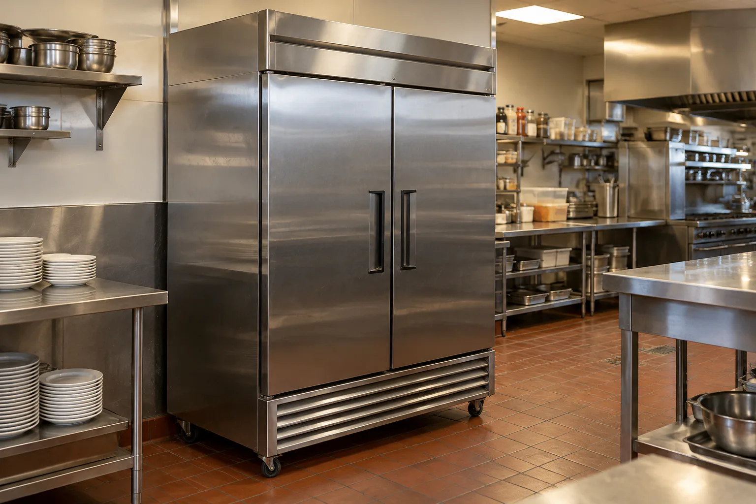 Two-door commercial reach-in refrigerator in a working kitchen after compressor startup repair