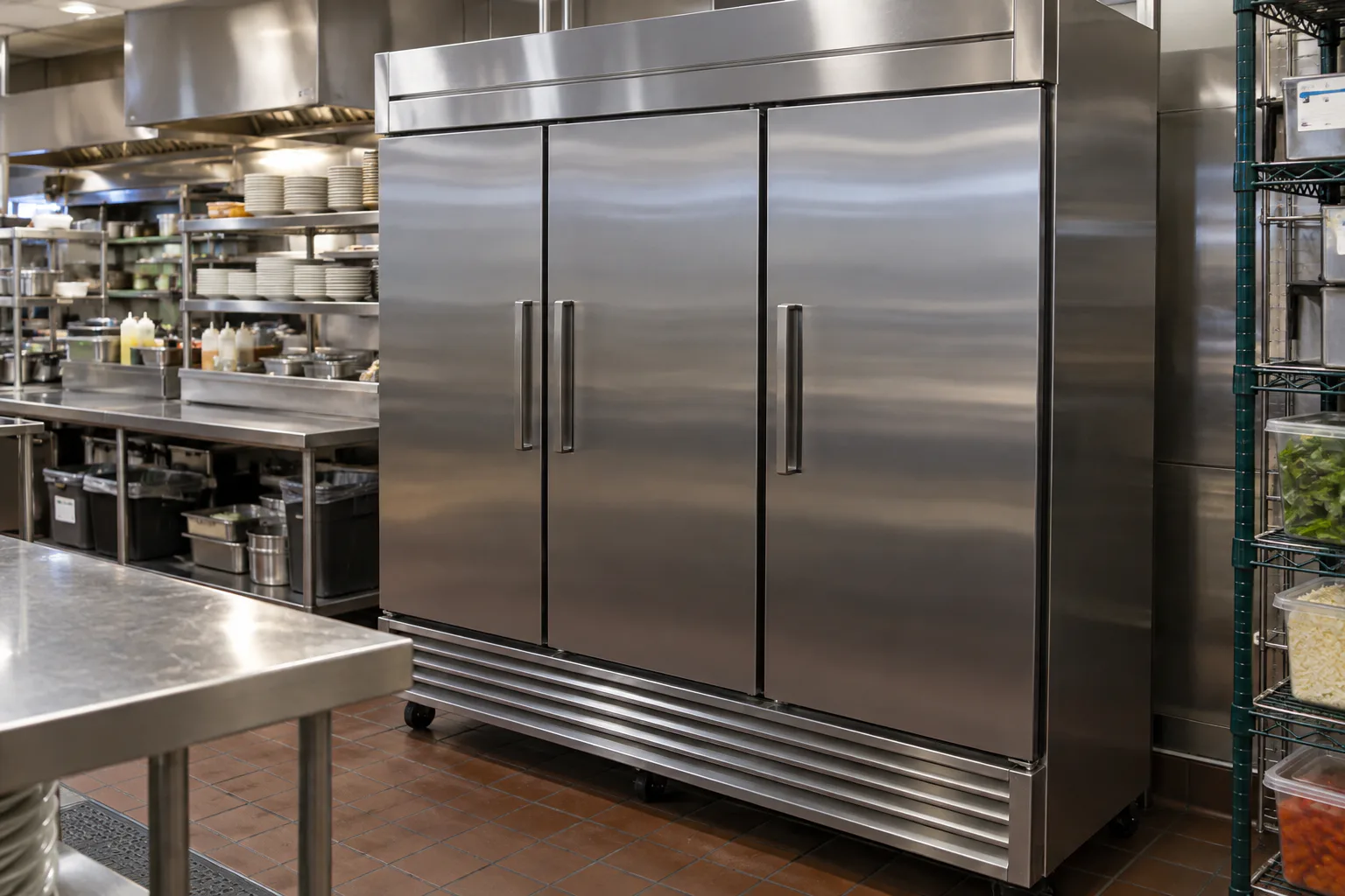 Three-door commercial reach-in refrigerator in a working kitchen after door gasket replacement