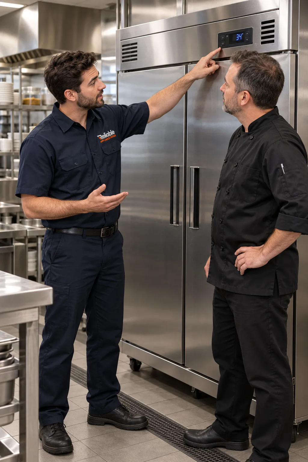 Reliable technician speaking with a food-service manager beside commercial reach-in refrigeration