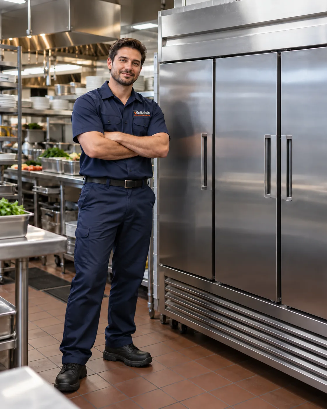 Technician beside commercial reach-in refrigeration in Tampa