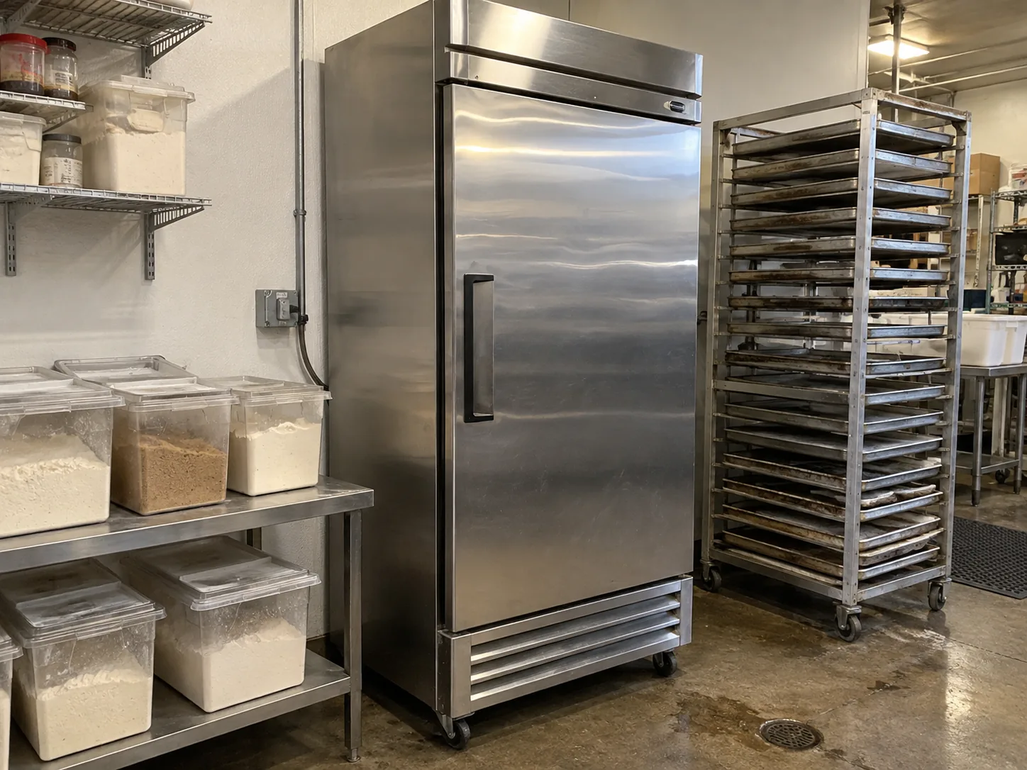 One-door commercial reach-in freezer in a Westchase bakery after door-frame heater service