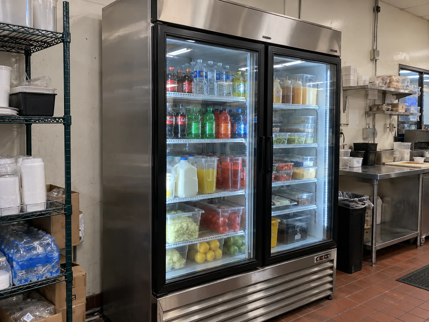 Glass-door commercial reach-in refrigerator in a Brandon food-service prep area after sensor calibration