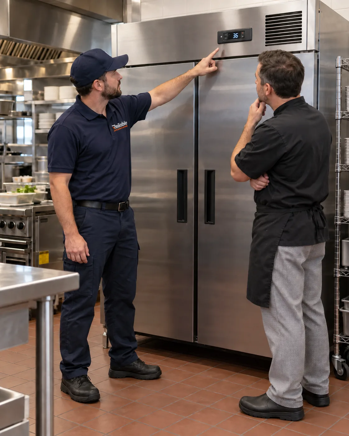 Reliable technician speaking with a food-service manager beside commercial reach-in refrigeration