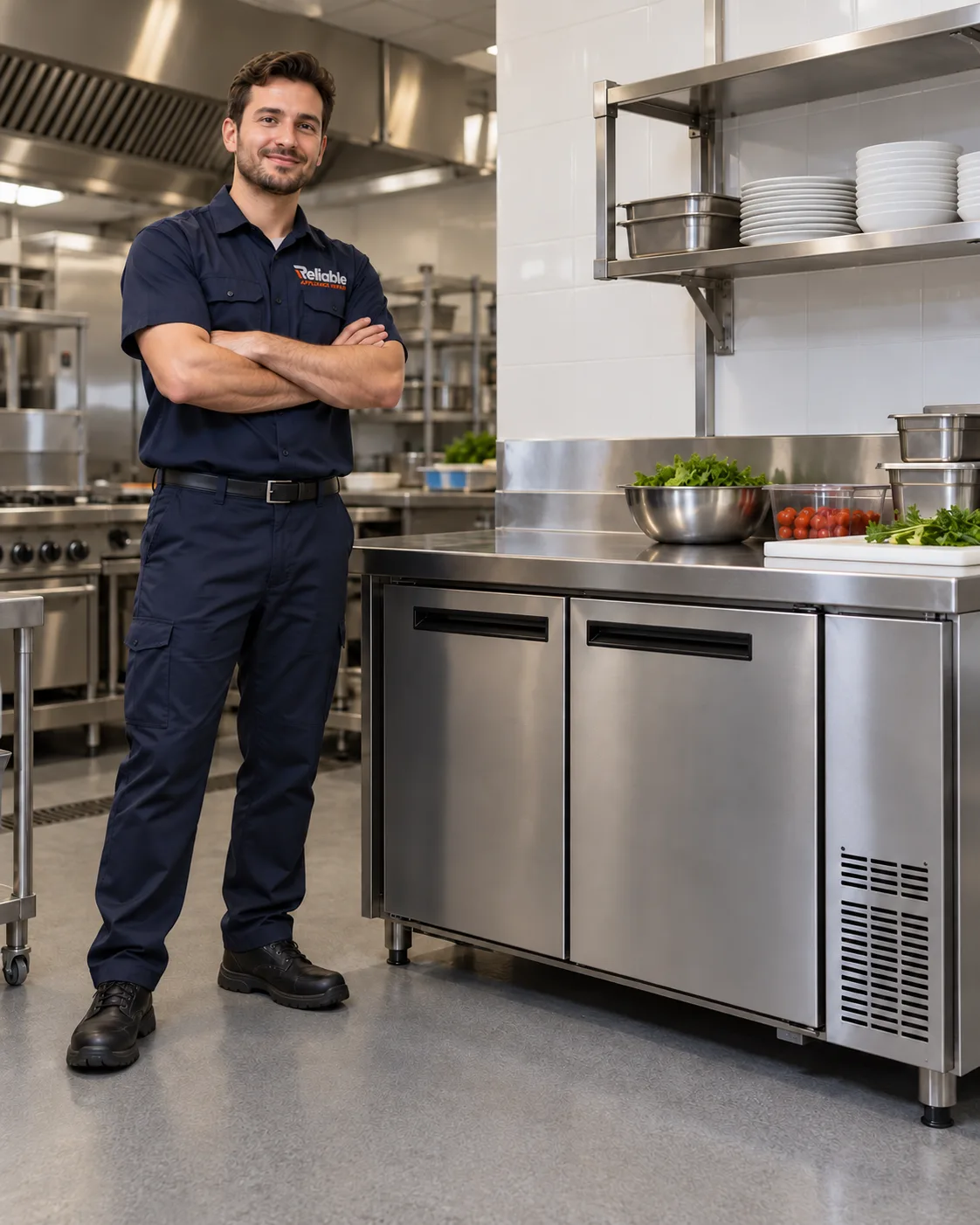 Technician beside commercial undercounter refrigeration in Atlanta