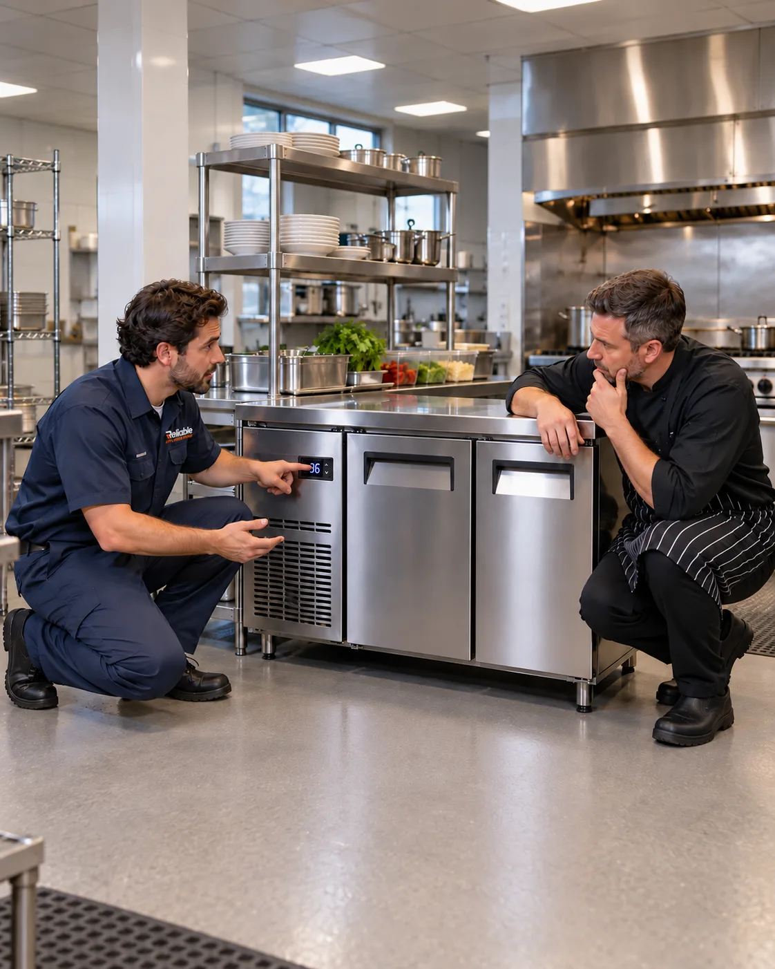 Technician explaining an undercounter refrigerator to a food-service manager