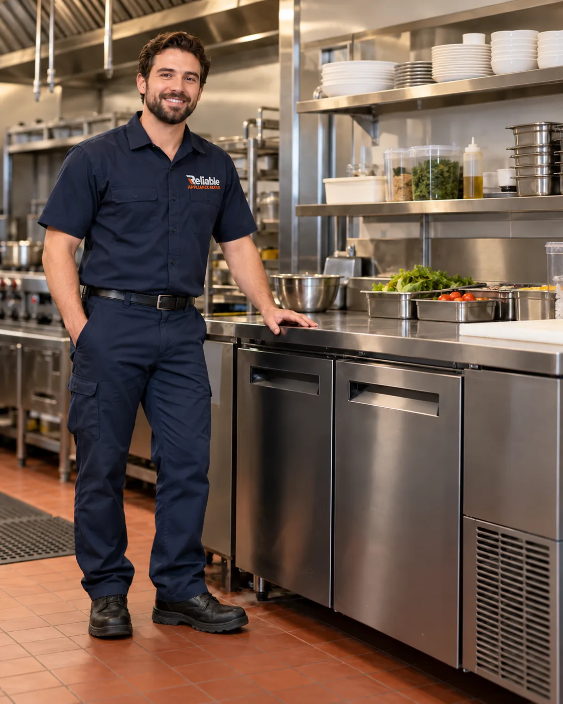 Technician beside commercial undercounter refrigeration in Tampa