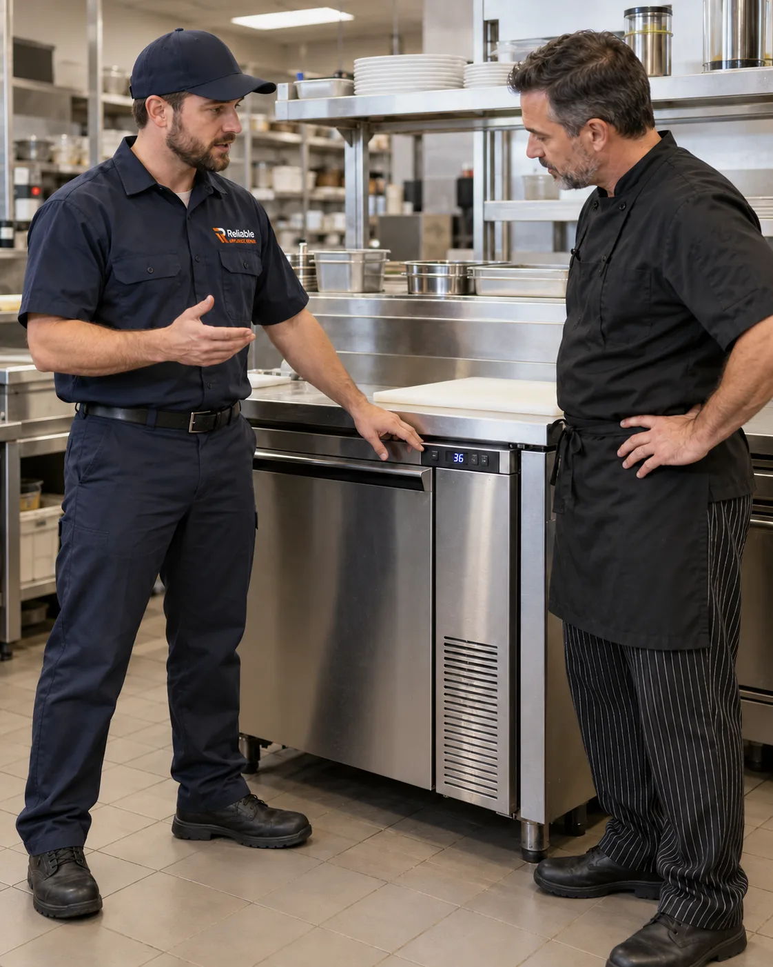 Technician explaining an undercounter refrigerator to a food-service manager