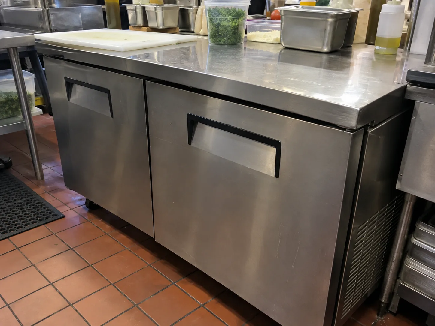 Two-door worktop refrigerator after cooling service in Downtown Tampa