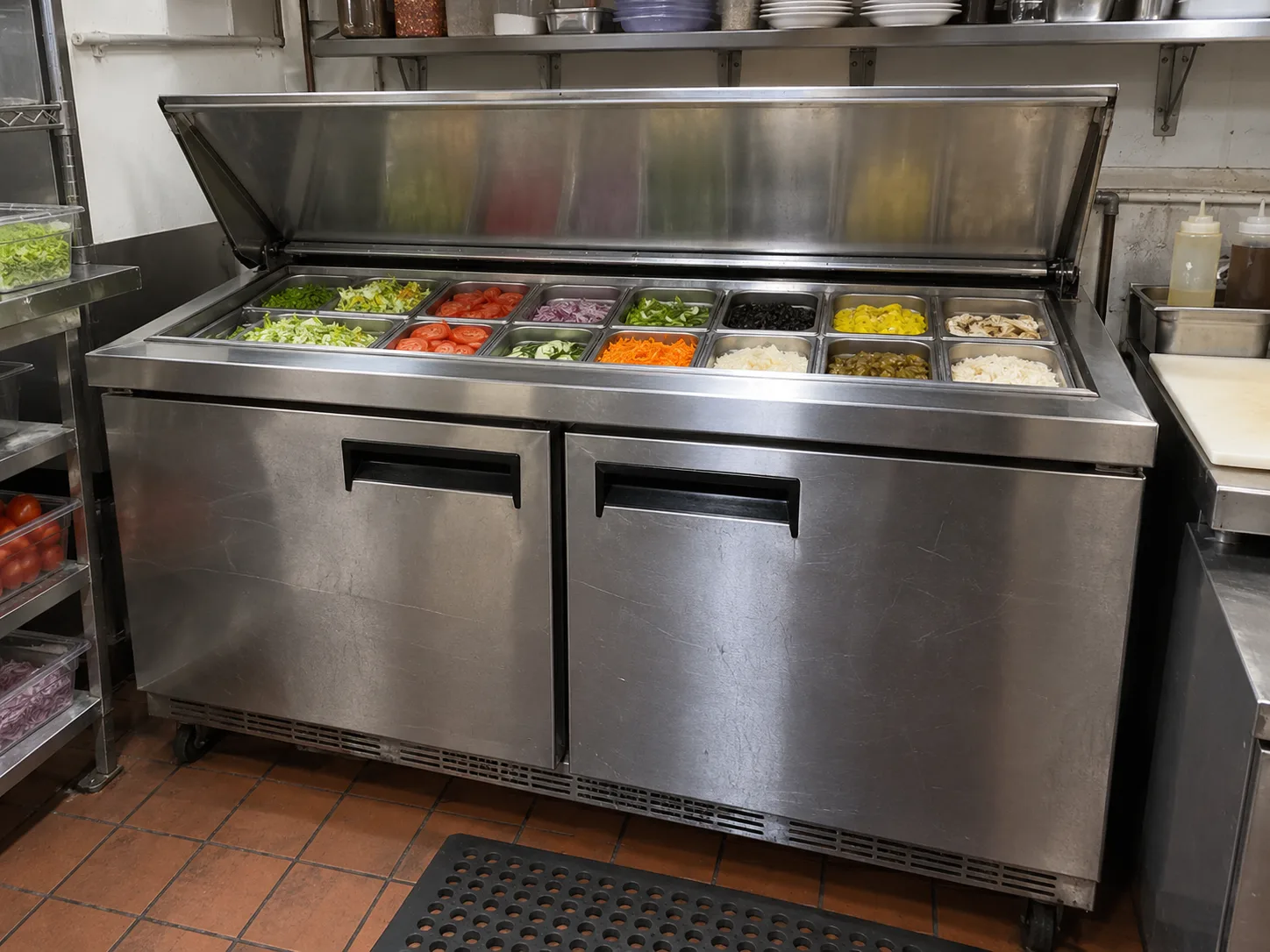 Mega-top commercial prep table after ingredient rail service in Decatur