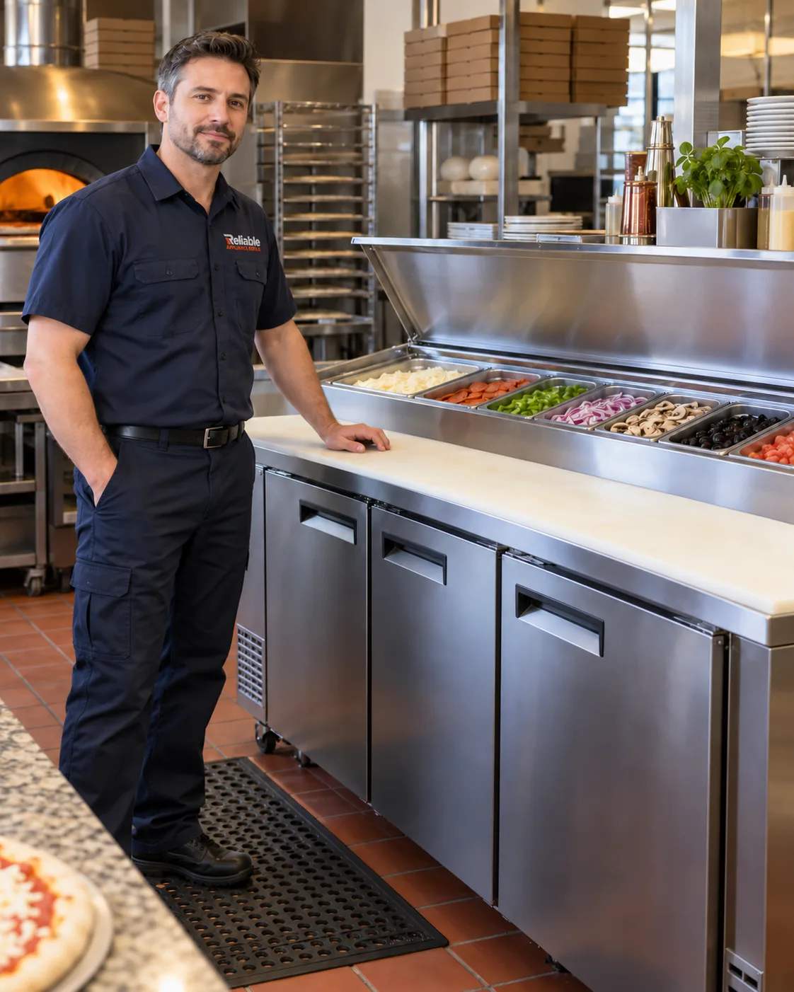 Technician beside a commercial refrigerated pizza prep table in Atlanta