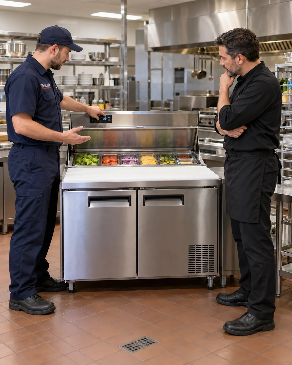 Technician explaining a refrigerated prep table to a restaurant manager
