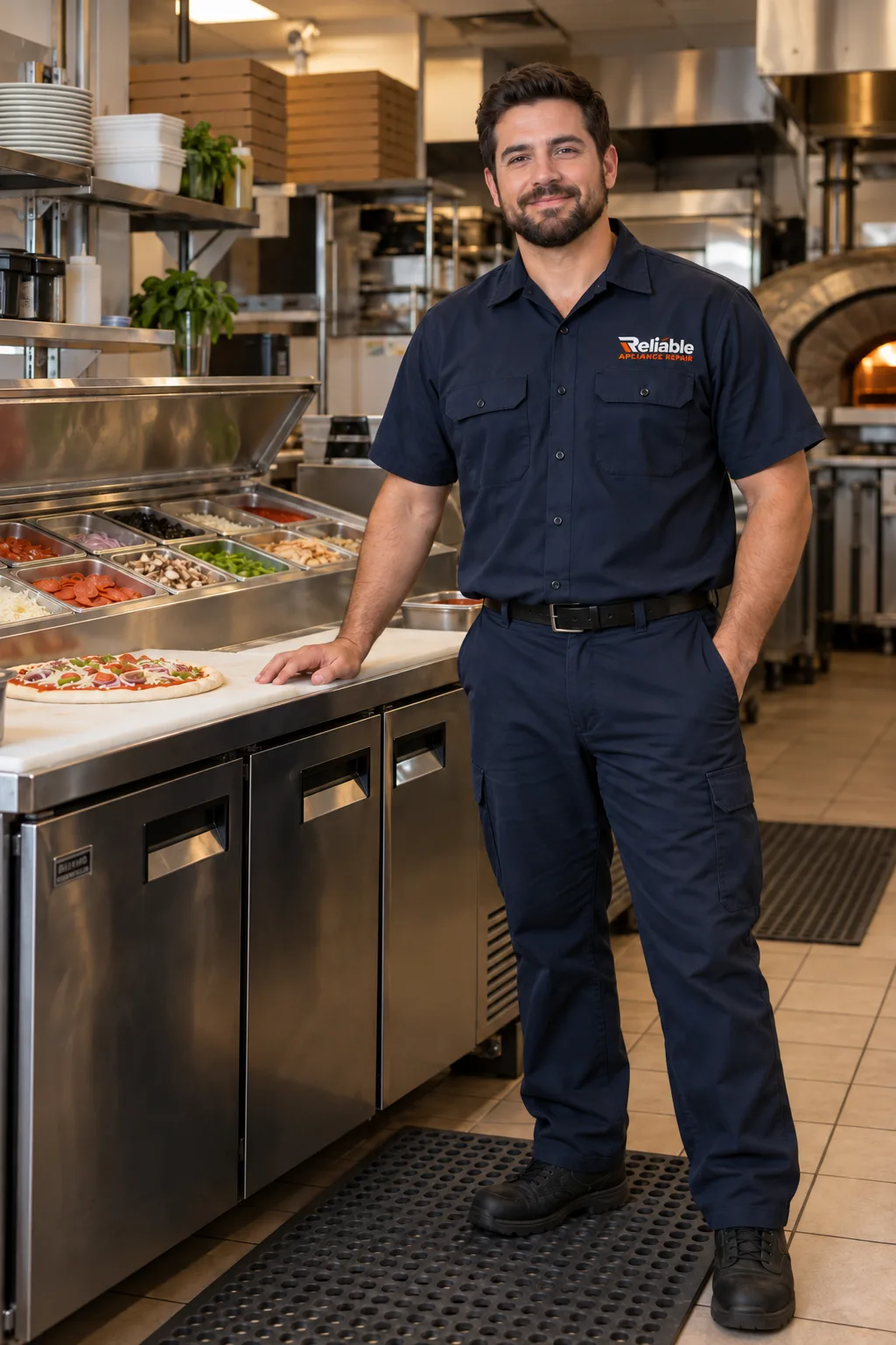 Technician beside a commercial refrigerated pizza prep table in Tampa