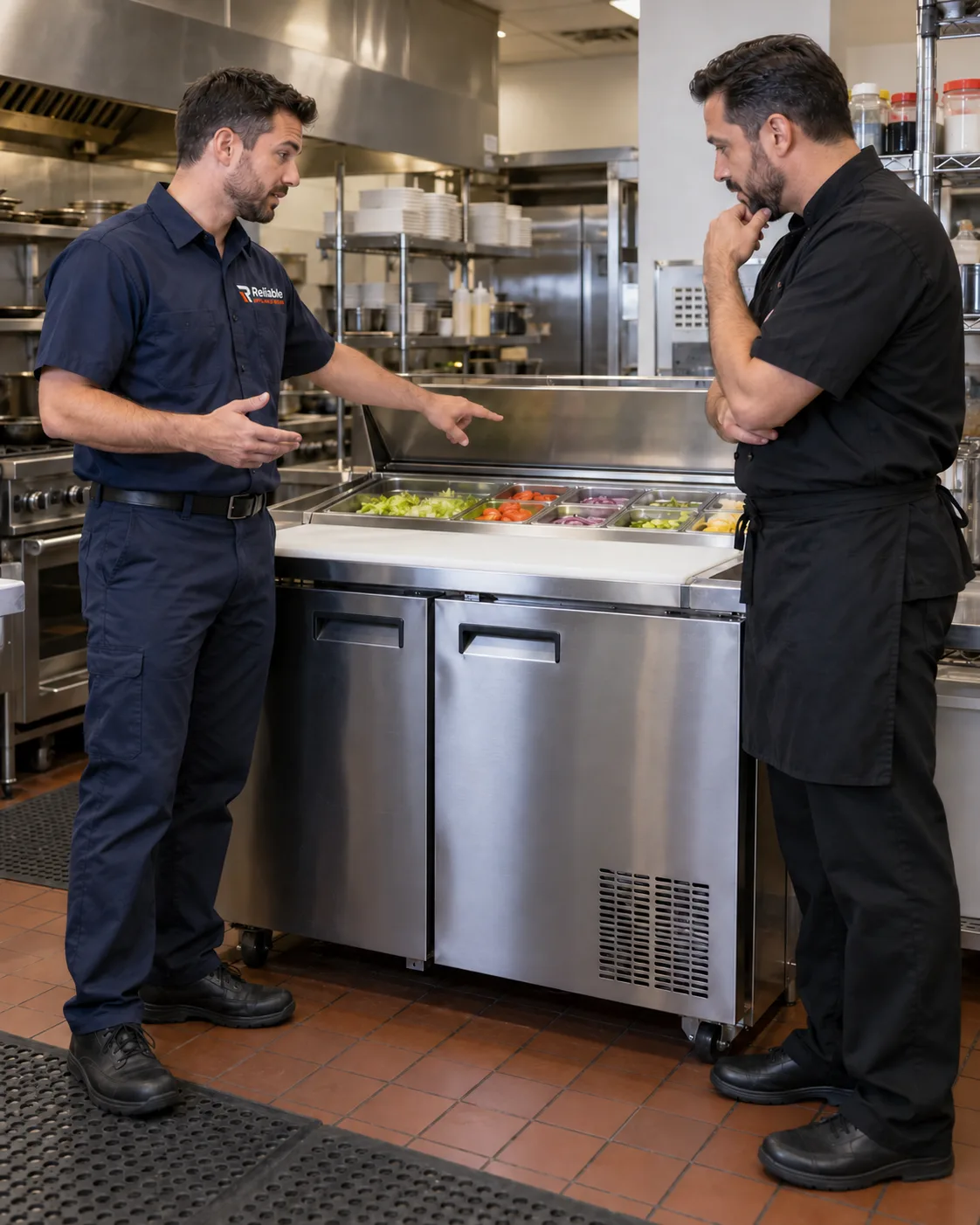 Technician explaining a refrigerated prep table to a restaurant manager