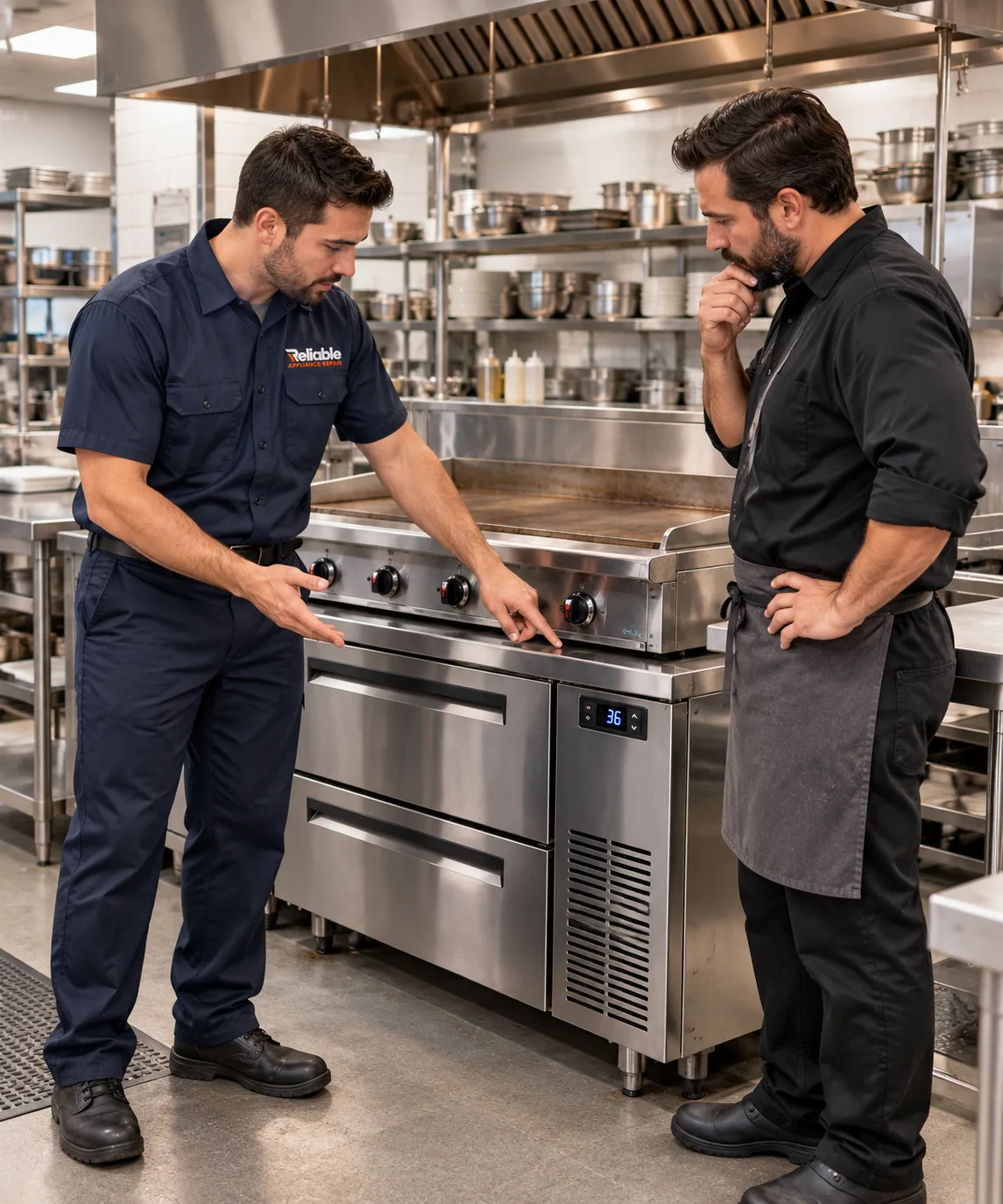Reliable technician explaining a refrigerated chef base to a restaurant manager