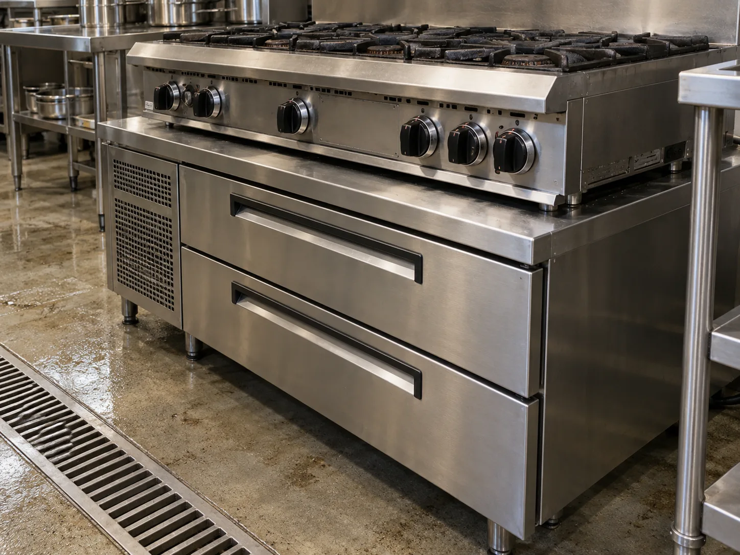 Low-profile chef base after drain and condensation service