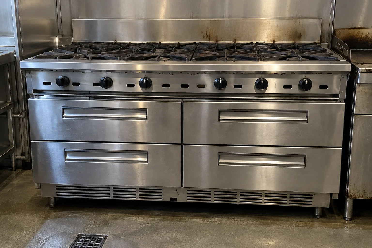 Two-drawer refrigerated chef base in a Downtown Tampa cookline after service