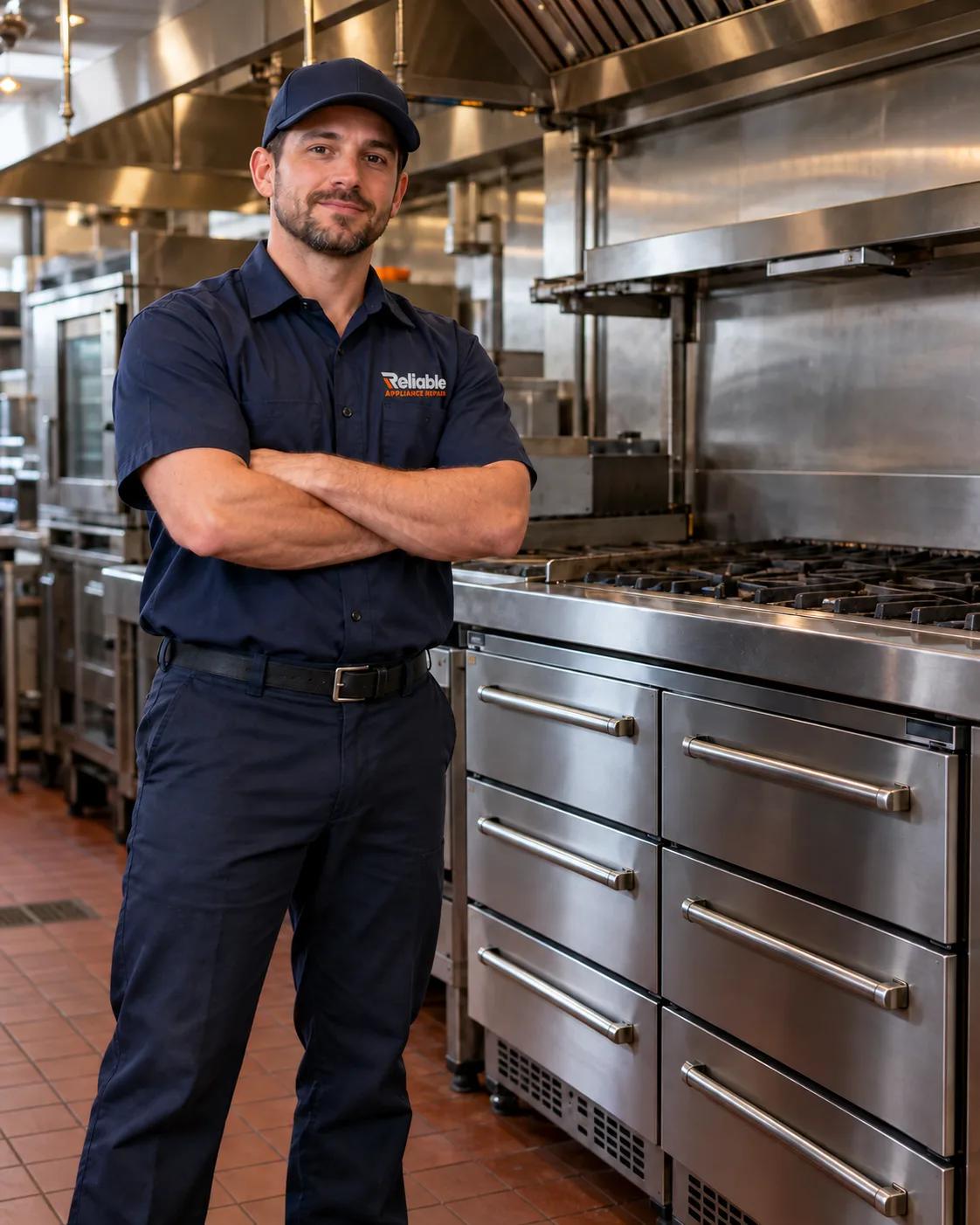 Reliable technician beside a refrigerated chef base in Tampa