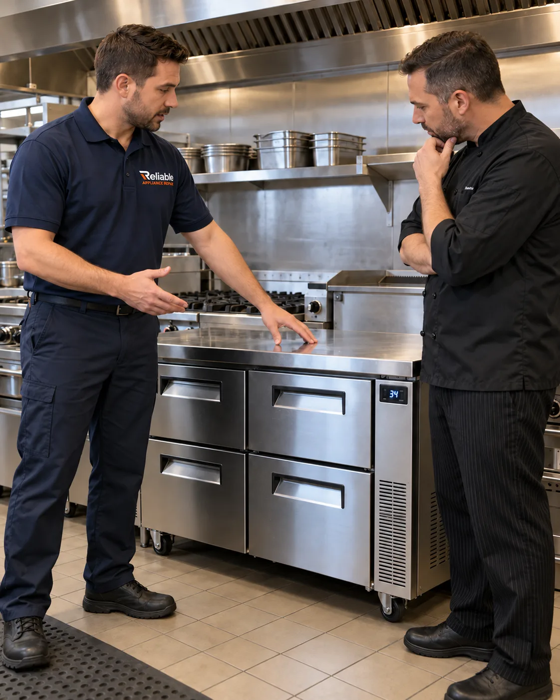 Reliable technician explaining a refrigerated chef base to a Tampa restaurant manager