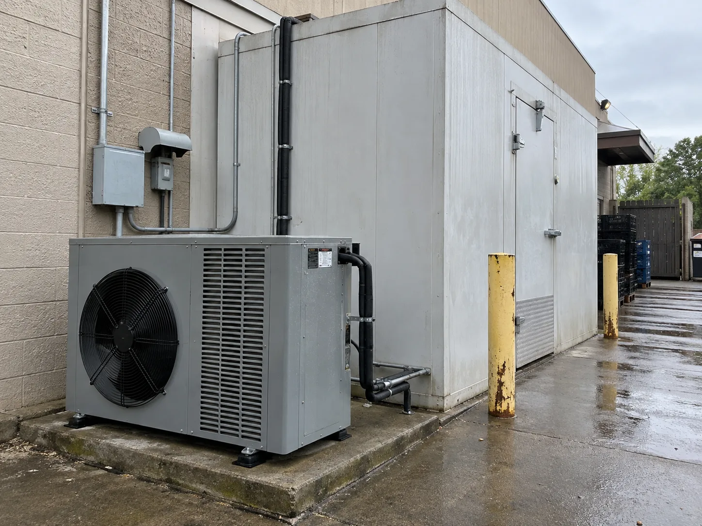 Outdoor walk-in condensing unit after repair