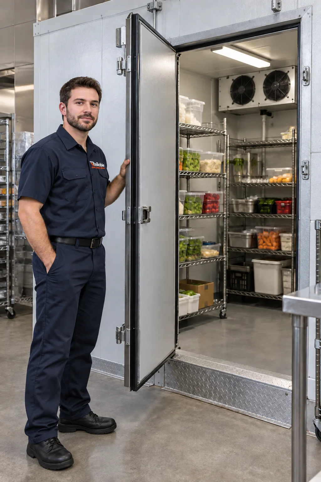Technician beside a commercial walk-in cooler in Atlanta