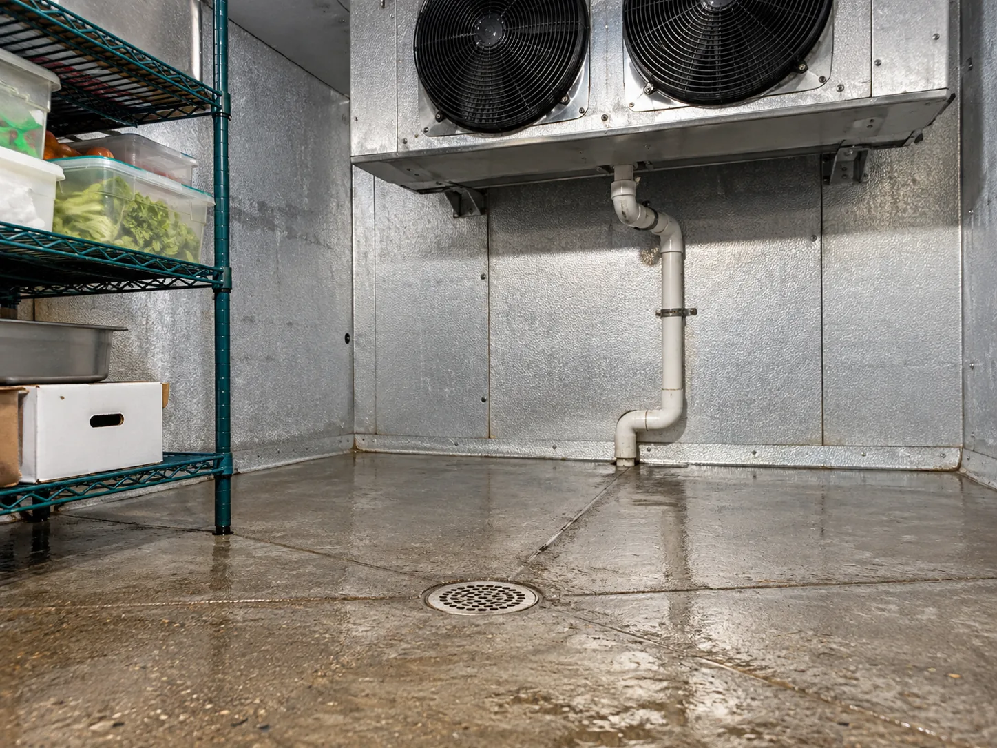 Walk-in cooler interior after condensate drainage service