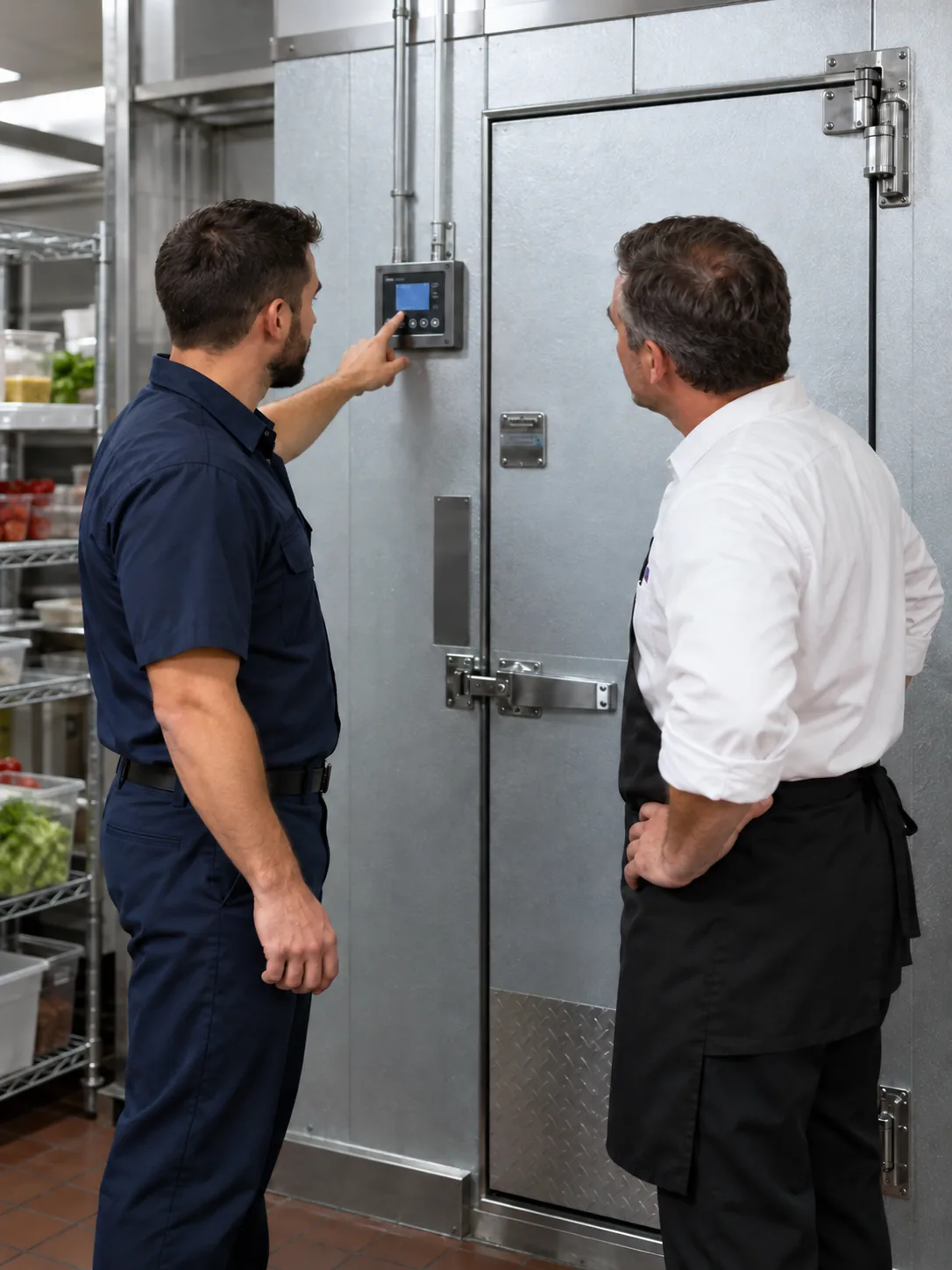 Technician explaining a commercial walk-in cooler to a restaurant manager